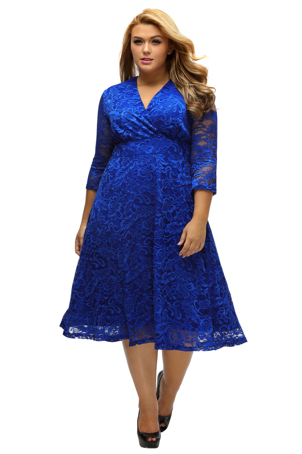 BY61442-4 Blue Plus Size Surplice Lace Formal Skater Dress